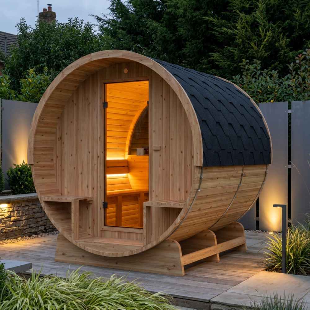 Hekla Traditional Barrel 210 Outdoor Sauna For Sale | Chevron Pools and Spas