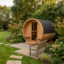 Hekla Traditional Barrel 250 Outdoor Sauna For Sale | Chevron Pools and Spas